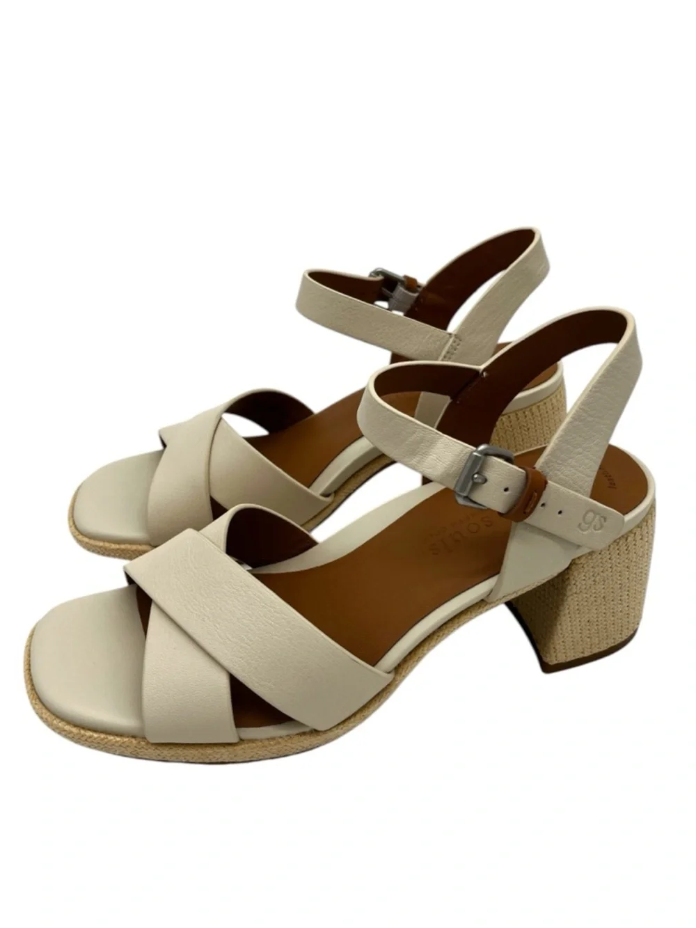 Gentle Souls Rimini Sandals Cream Leather Block Heel Ankle Strap - US 9.5